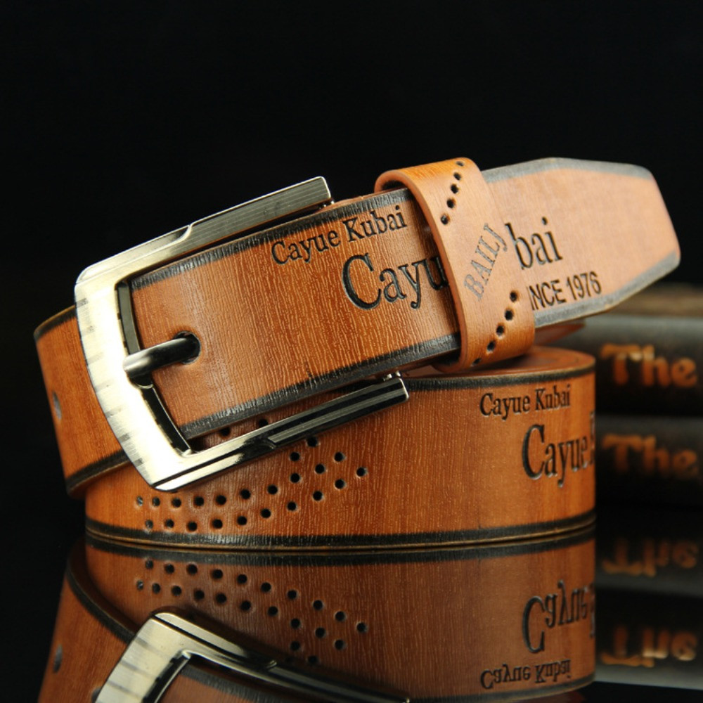 Men'S Leather Belt Letter Print Classic Buckle Business Cowboy Vintage Wa