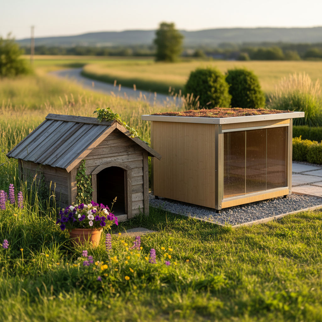 A sun drenched wide landscape photograph captures two distinct dog houses bathed in the warm glow of