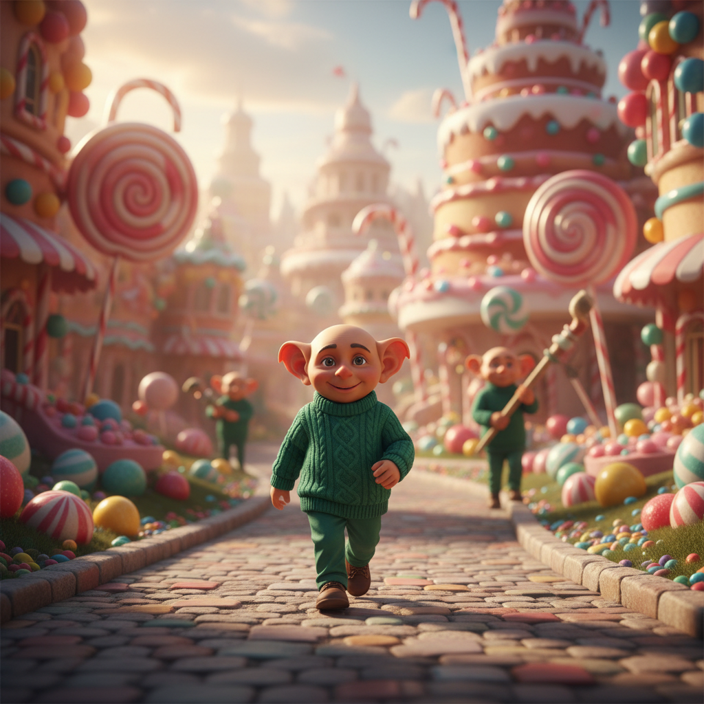 A vibrant photorealistic wide landscape shot captures a diminutive Oompa Loompa worker mid stride on