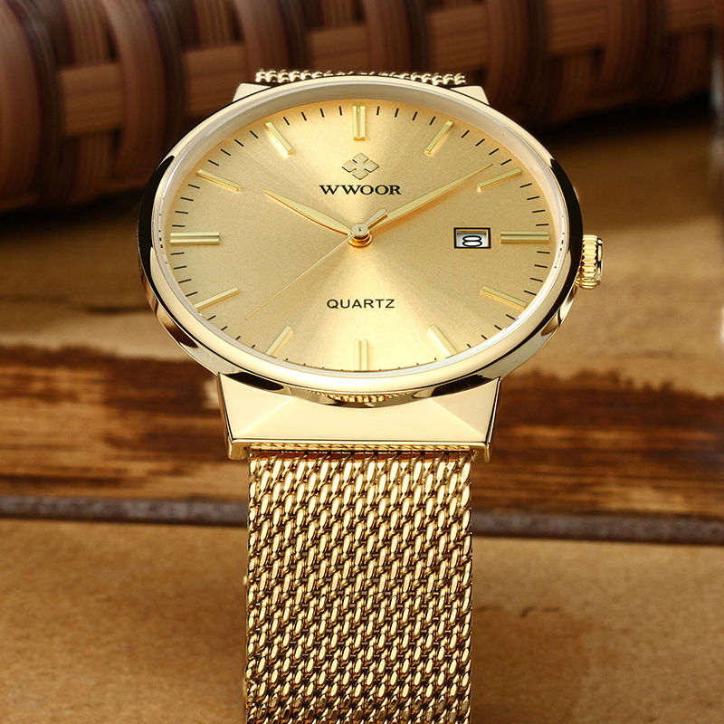 2022 Wwoor Men Simple Slim Watches Gold Steel Mesh Ultr