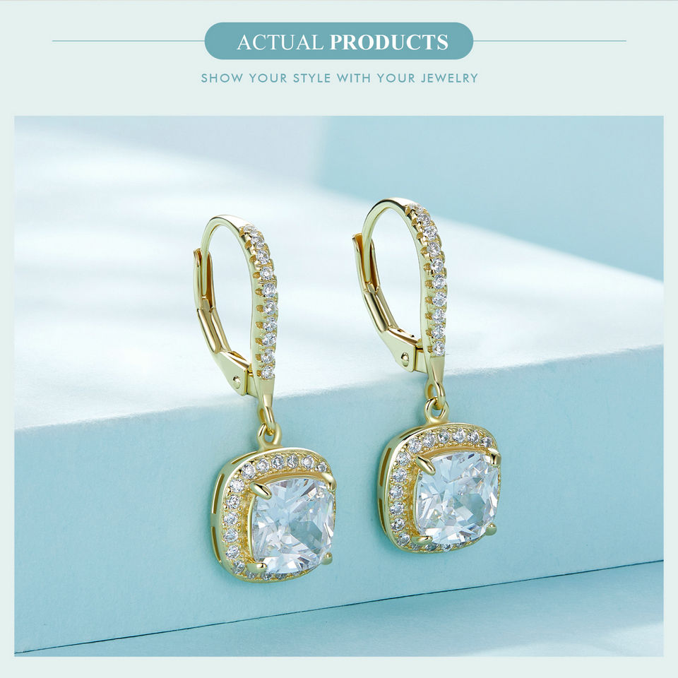 Thumbnail: BAMOER Authentic 925 Sterling Silver Dazzling CZ Square Geometric Drop Earrings 