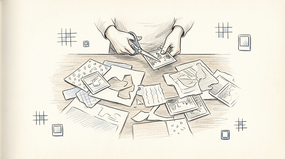 Hands holding scissors over a collection of paper scraps and photos arranged on a wooden desk.