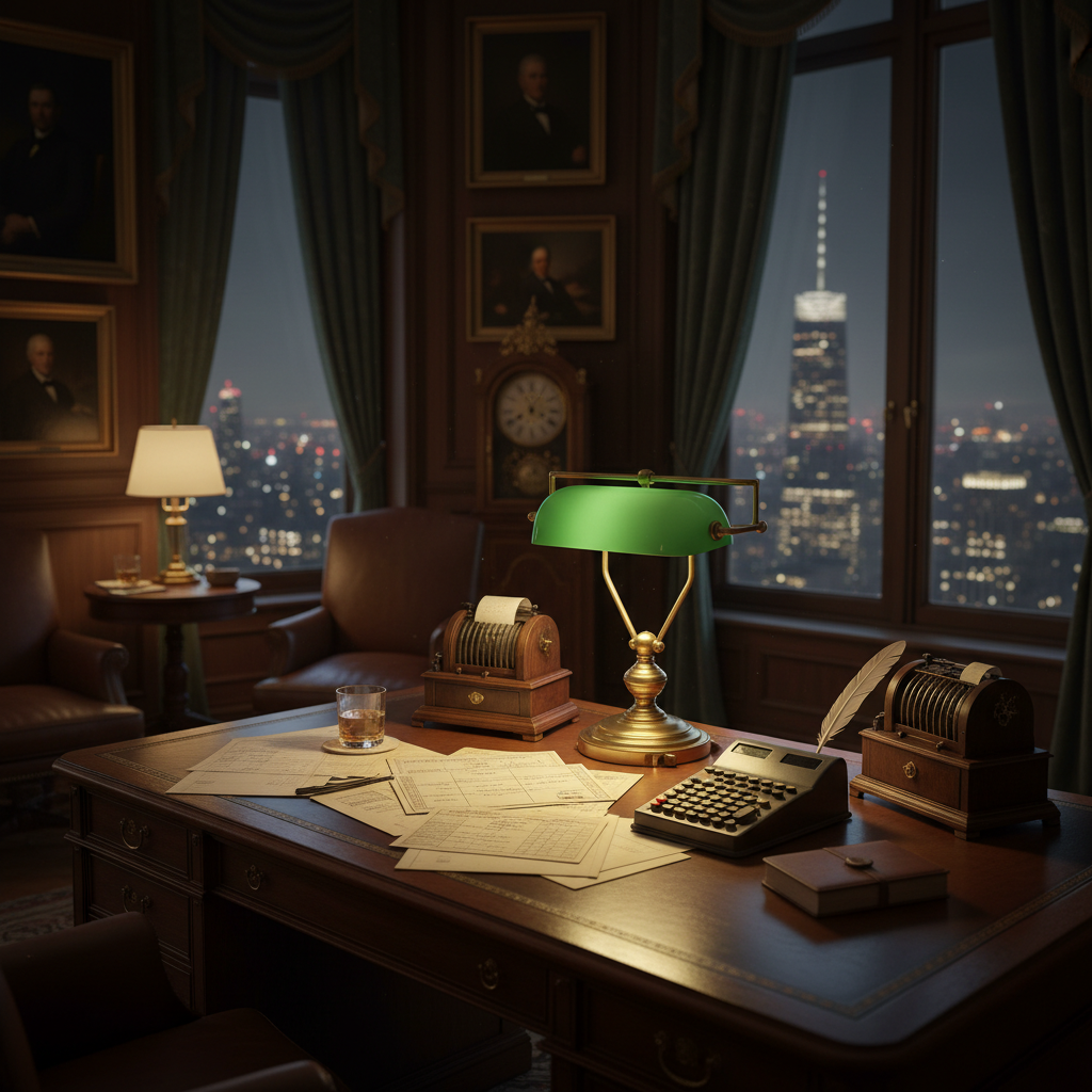 A dimly lit opulent corner office overlooking a sprawling nighttime cityscape A single antique woode