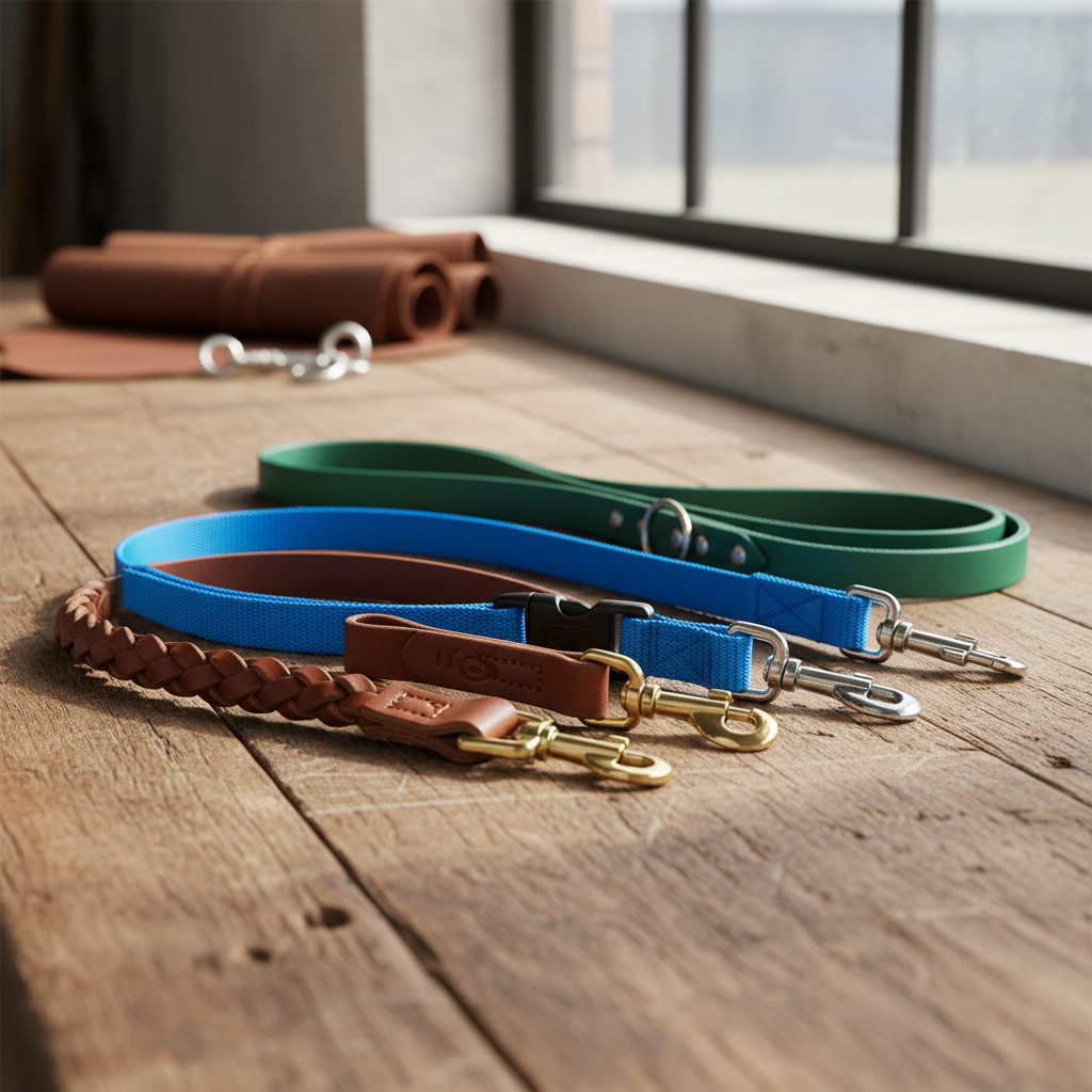 A professional high quality studio photograph captures a curated selection of dog leashes artfully a