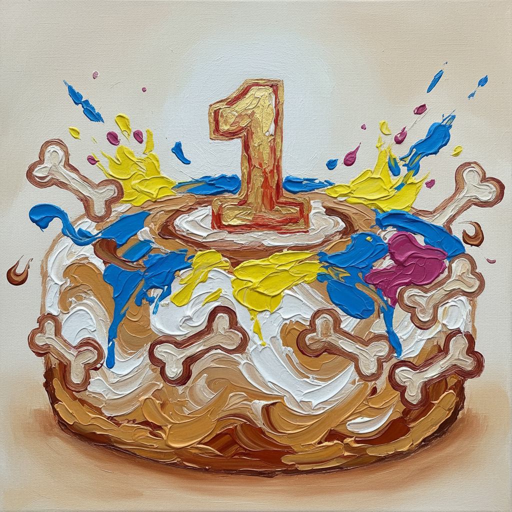 A whimsical abstract interpretation of a dog cake rendered in a vibrant painterly style reminiscent 