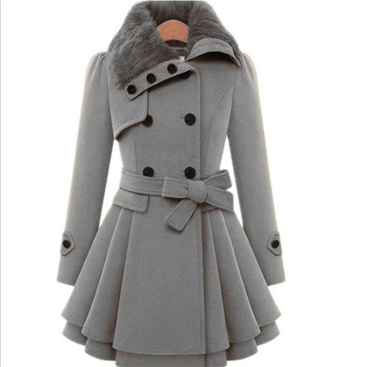 Thumbnail: Wholesale New Fashion  Breast Button Belt Sur Collar Winter Coat Women