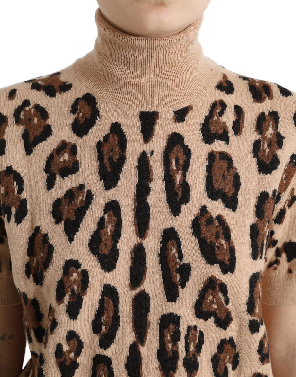 Thumbnail: Elegant Beige Leopard Turtleneck Wool Top