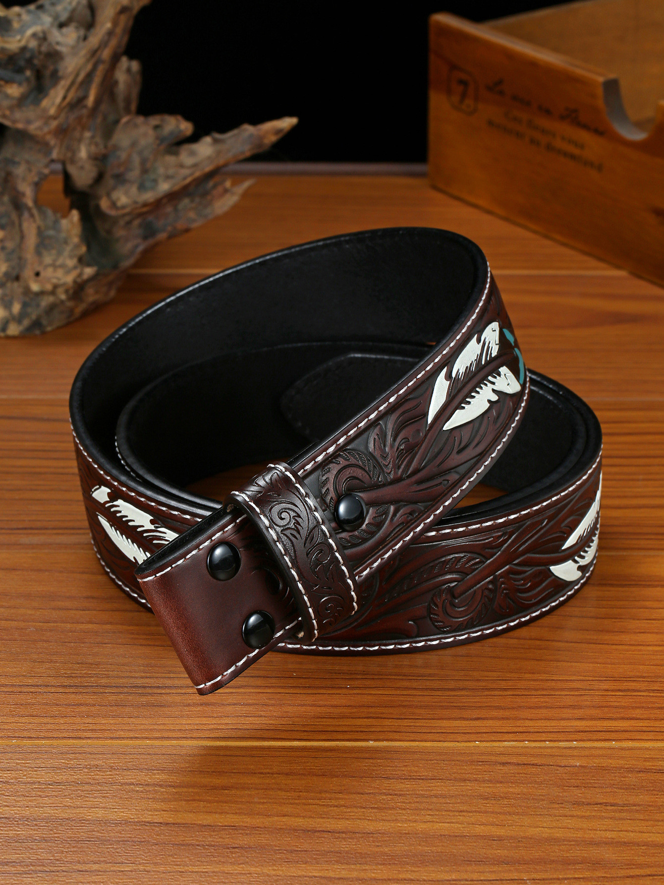 No Buckle Leather Embossed Belts For Men Cowboy Punk Wind Pressure Flowe view 3