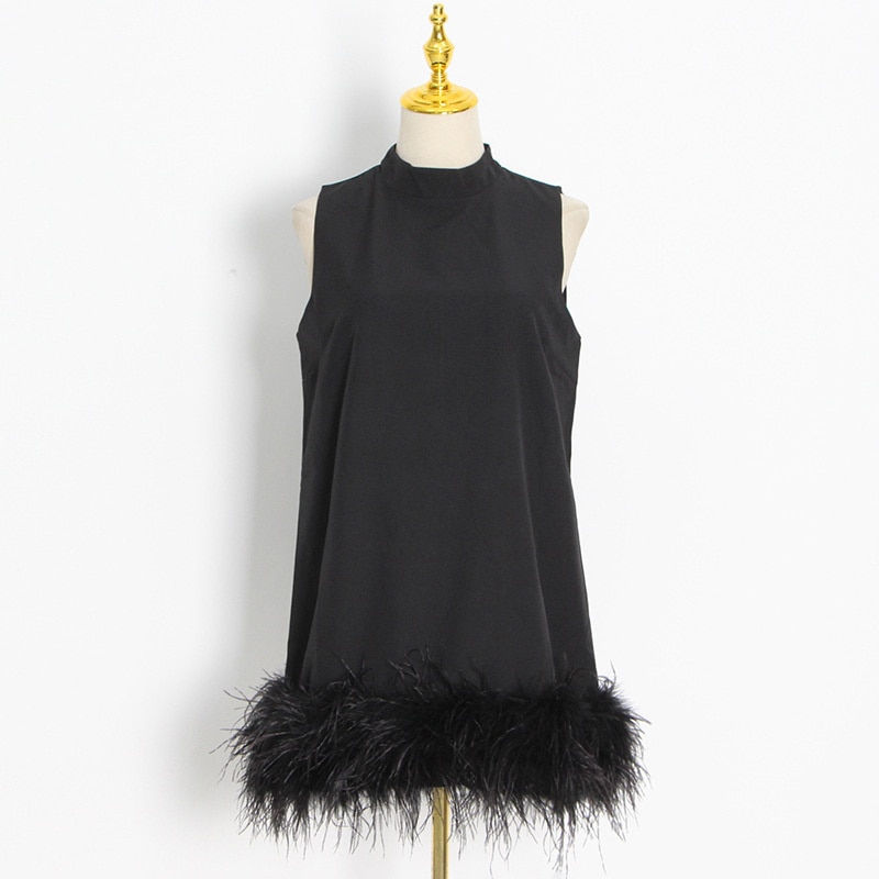 Thumbnail: Fashion Women's Dress New Round Neck Loose Sleeveless Solid Color Spliced Feathe