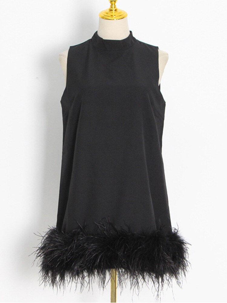 Thumbnail: Fashion Women's Dress New Round Neck Loose Sleeveless Solid Color Spliced Feathe