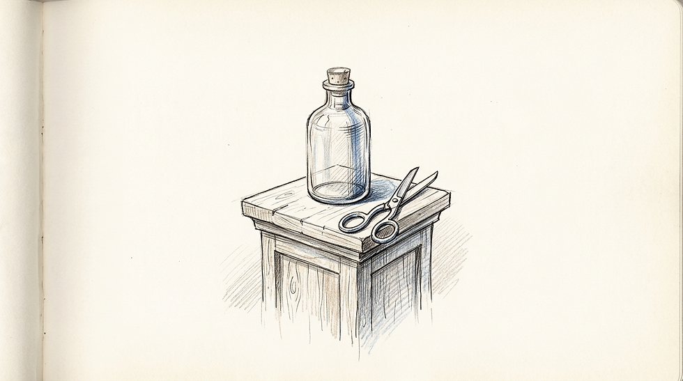A glass bottle placed on a wooden pedestal with an empty background, accompanied by a pair of scissors.