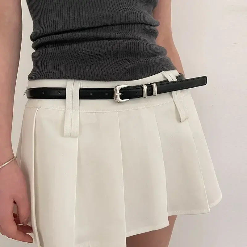 Woman'S Fashionable Belts Black Simple Thin PU Trousers Skirt Versatile Be