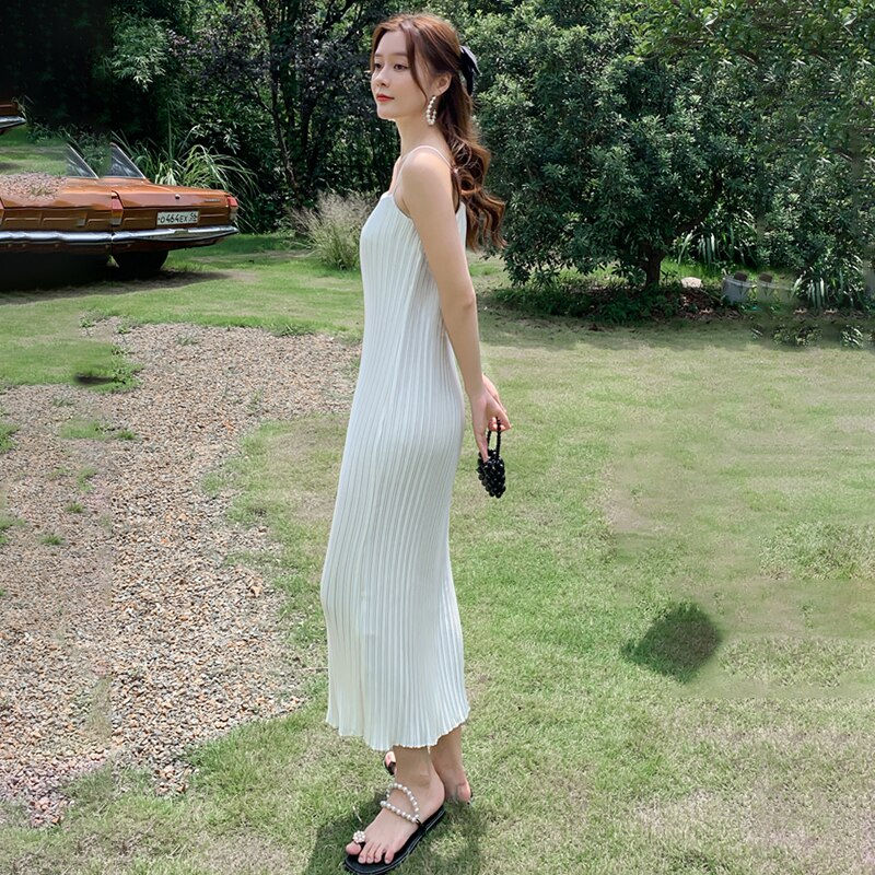 Thumbnail: Spaghetti Strap Pleated Satin Dress Loose Casua