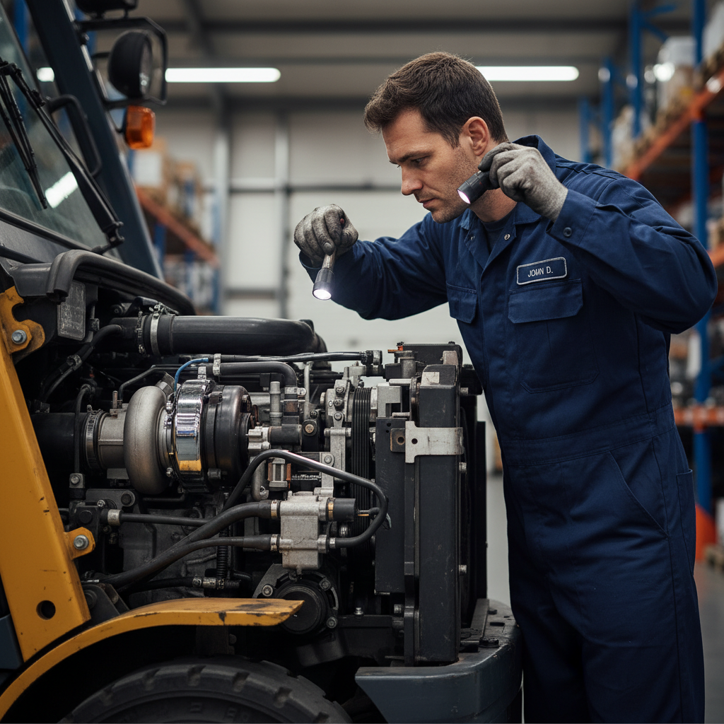 A photorealistic high quality photograph captures a close up low angle view of a skilled mechanic dr