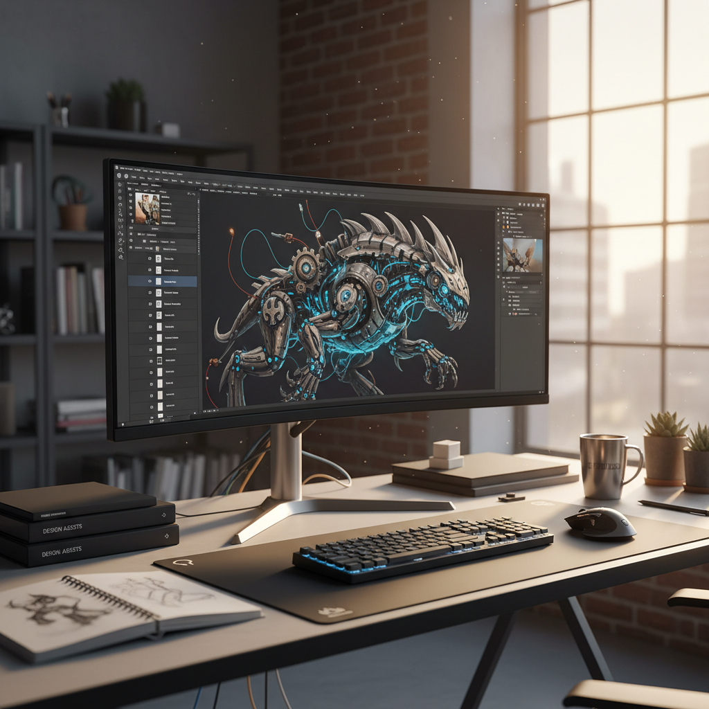 A highly detailed photorealistic wide angle shot captures a sleek modern creative studio bathed in t