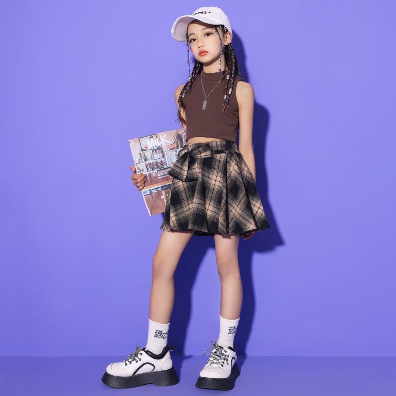 Thumbnail: Teenage Street Outfits Kids Hip Hop Clothing Brown Tank Vest Tops Checkered Skir