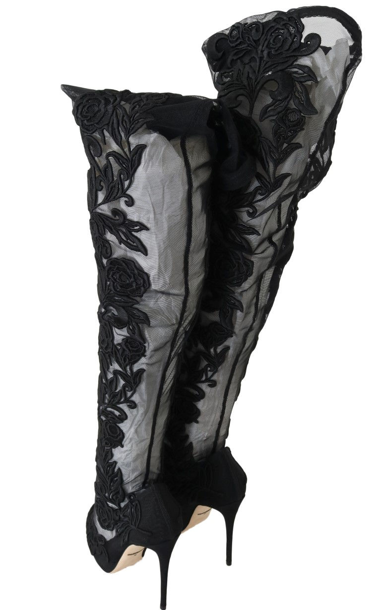 Thumbnail: Embroidered Floral Over-Knee Boots