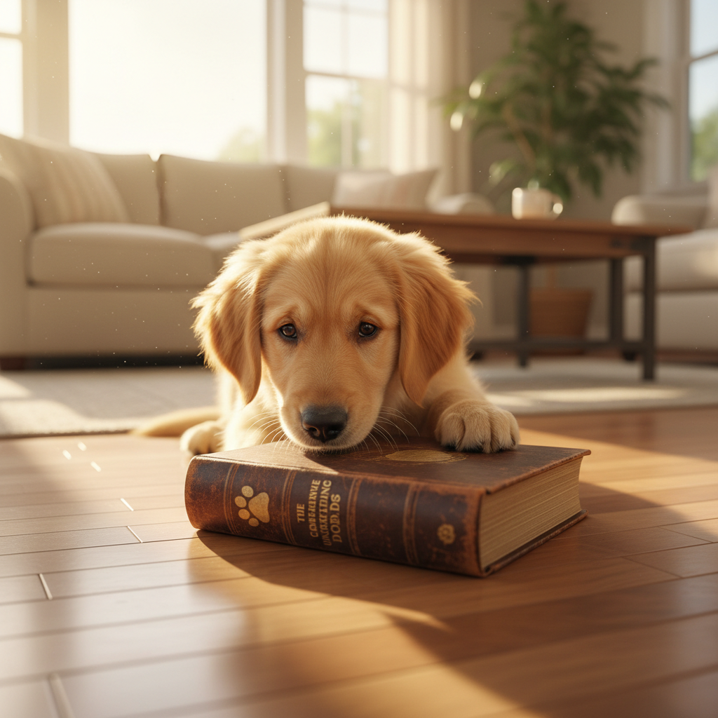 A breathtaking wide angle photorealistic image captures a golden retriever puppy bathed in soft warm