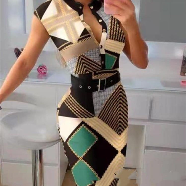 Fashion Button Dress for Women with Belt