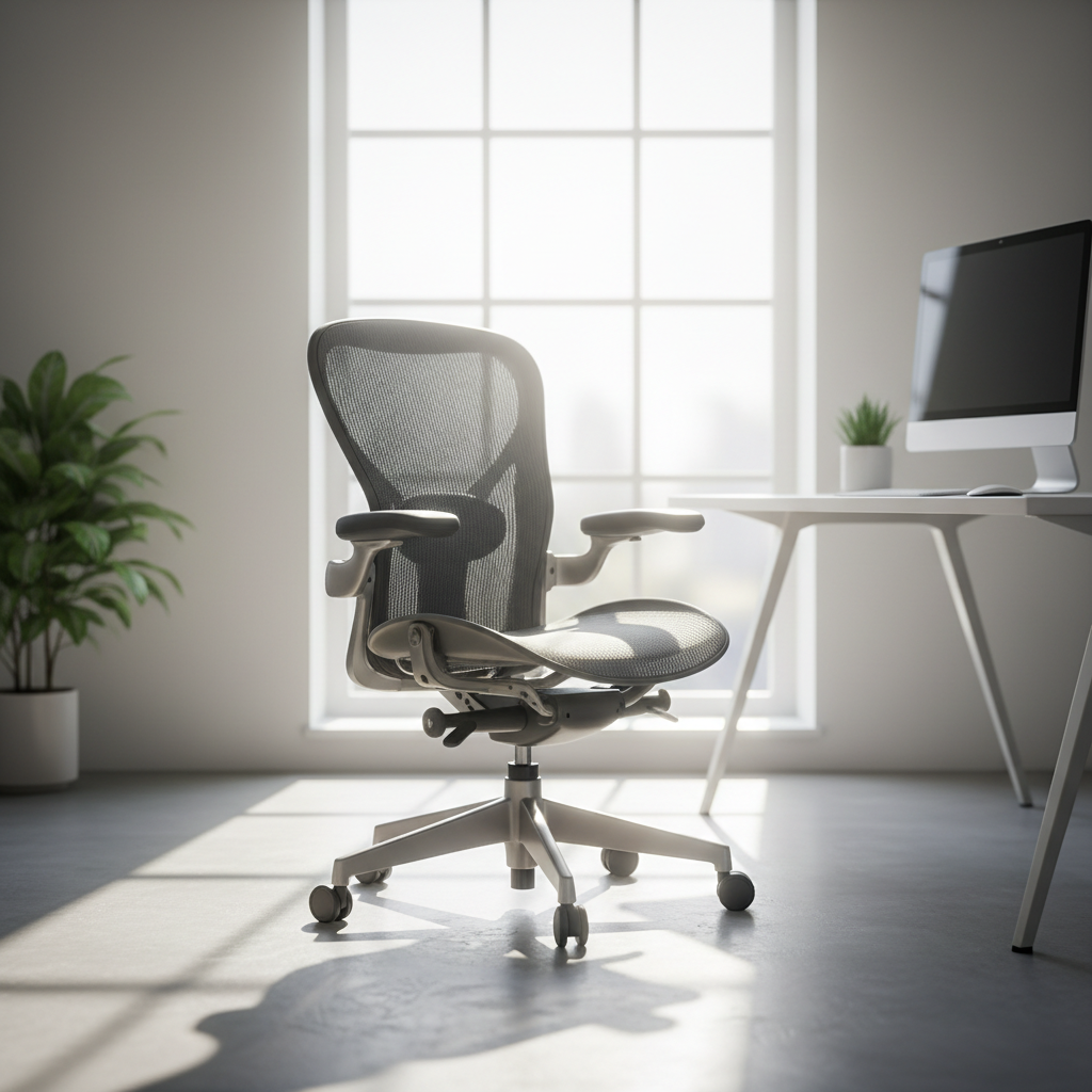 A photorealistic high quality photograph captures a pristine high end ergonomic office chair bathed 