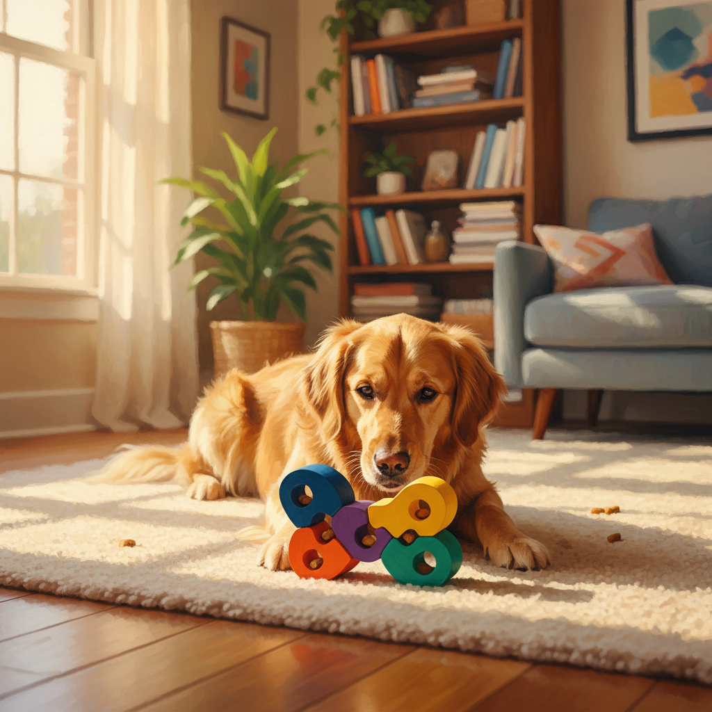 A Golden Retriever bathed in the warm glow of natural light filtering into a cozy living room is utt
