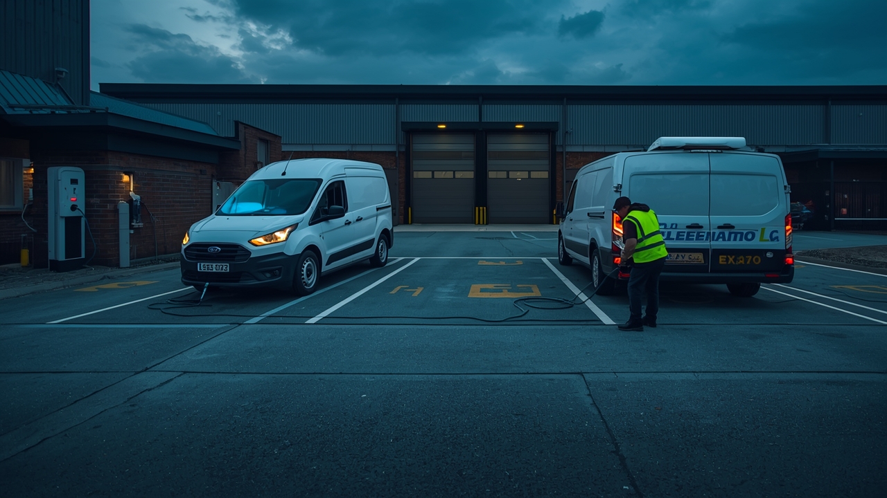 Electric delivery vans connected to depot chargers at dusk showing ev fleet charging infrastructure setup for Benelux logistics