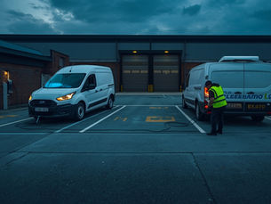 Electric delivery vans connected to depot chargers at dusk showing ev fleet charging infrastructure setup for Benelux logistics