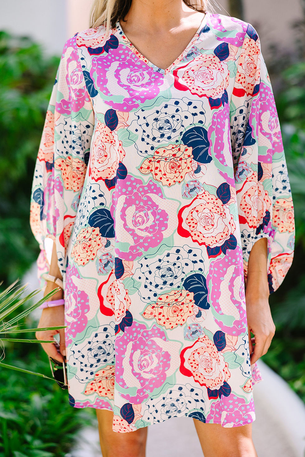 Thumbnail: Multicolor Bracelet Bubble Sleeve Blooming Flower Print Dress