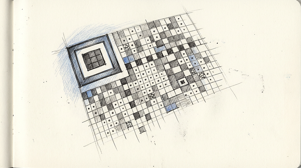 A close-up illustration of a square matrix pattern showing a finder block and grid alignment modules.