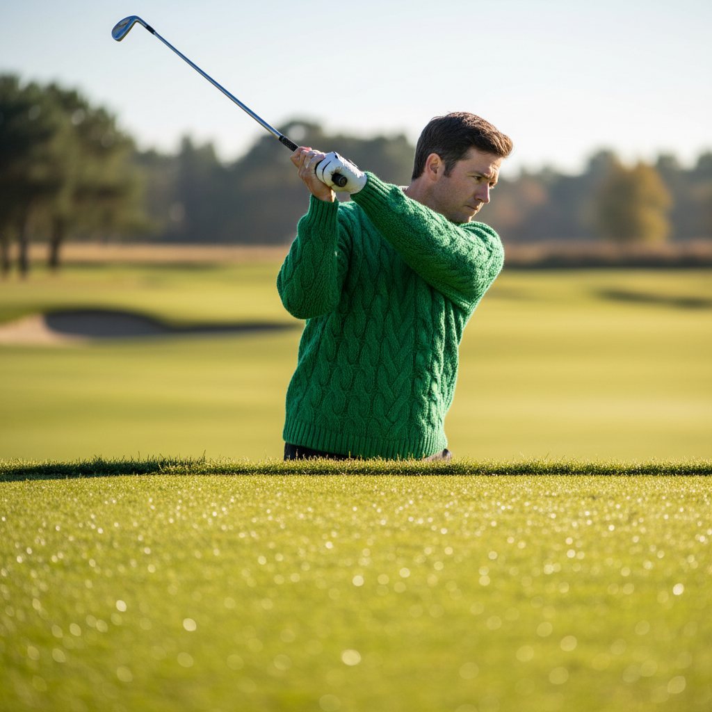 A close up wide angle shot captures a golfer mid swing on a sun drenched fairway The golfer is weari