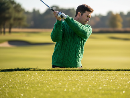 A close up wide angle shot captures a golfer mid swing on a sun drenched fairway The golfer is weari