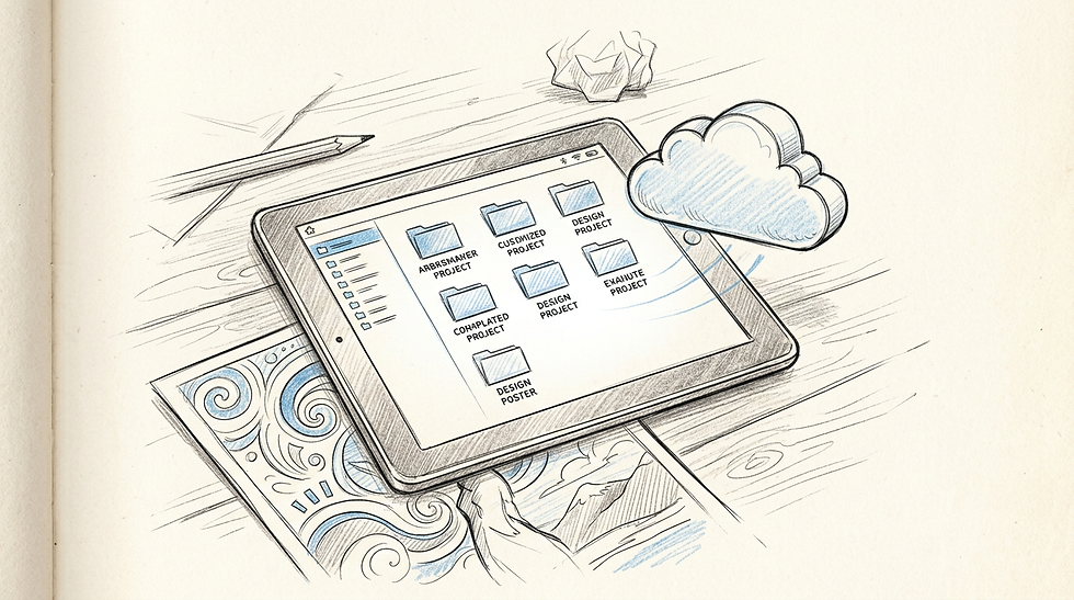 A tablet screen showing file management icons alongside a floating cloud symbol to represent web-based asset storage.