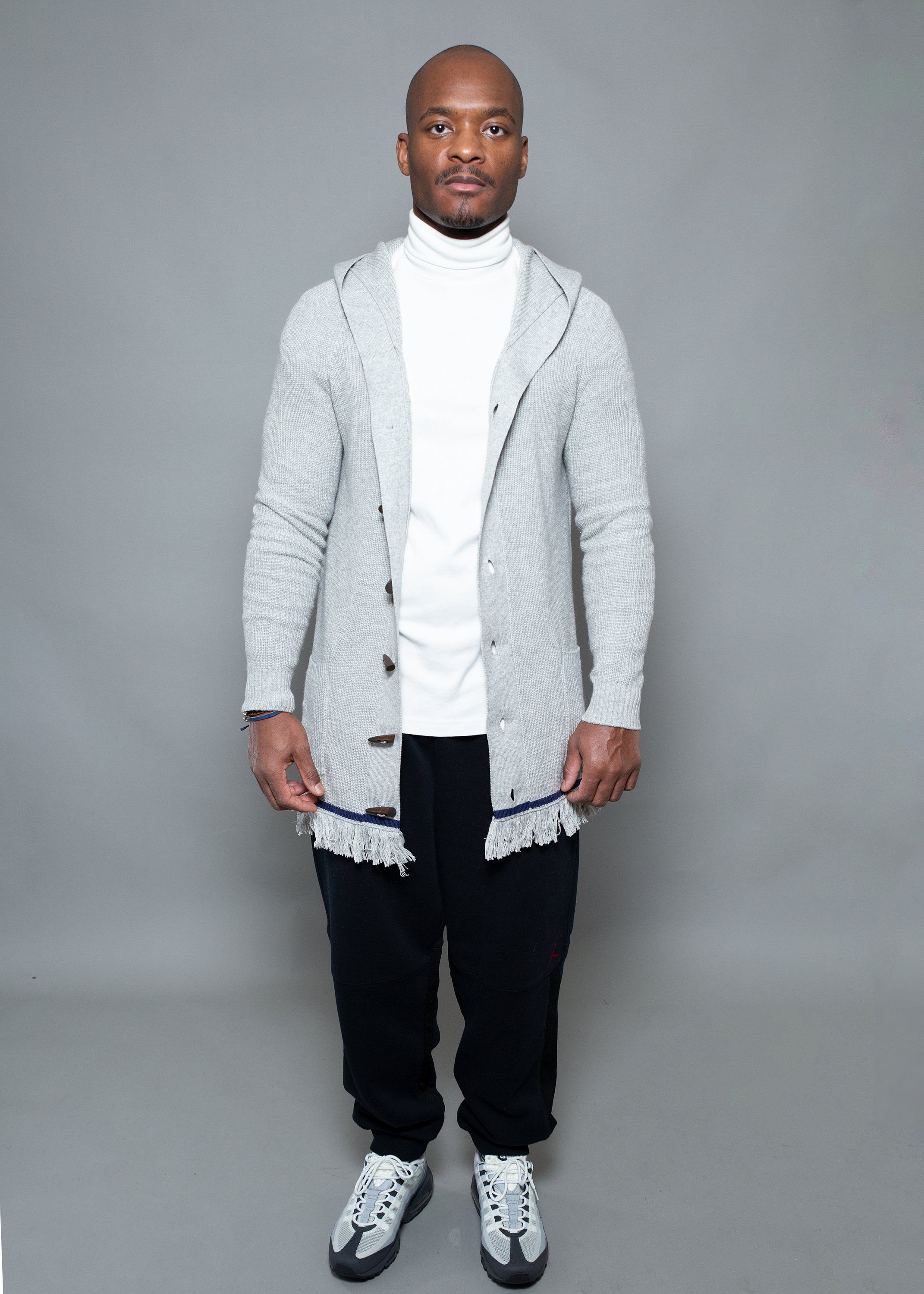 Mens Hooded Cardigan Fringe and Blue Borders