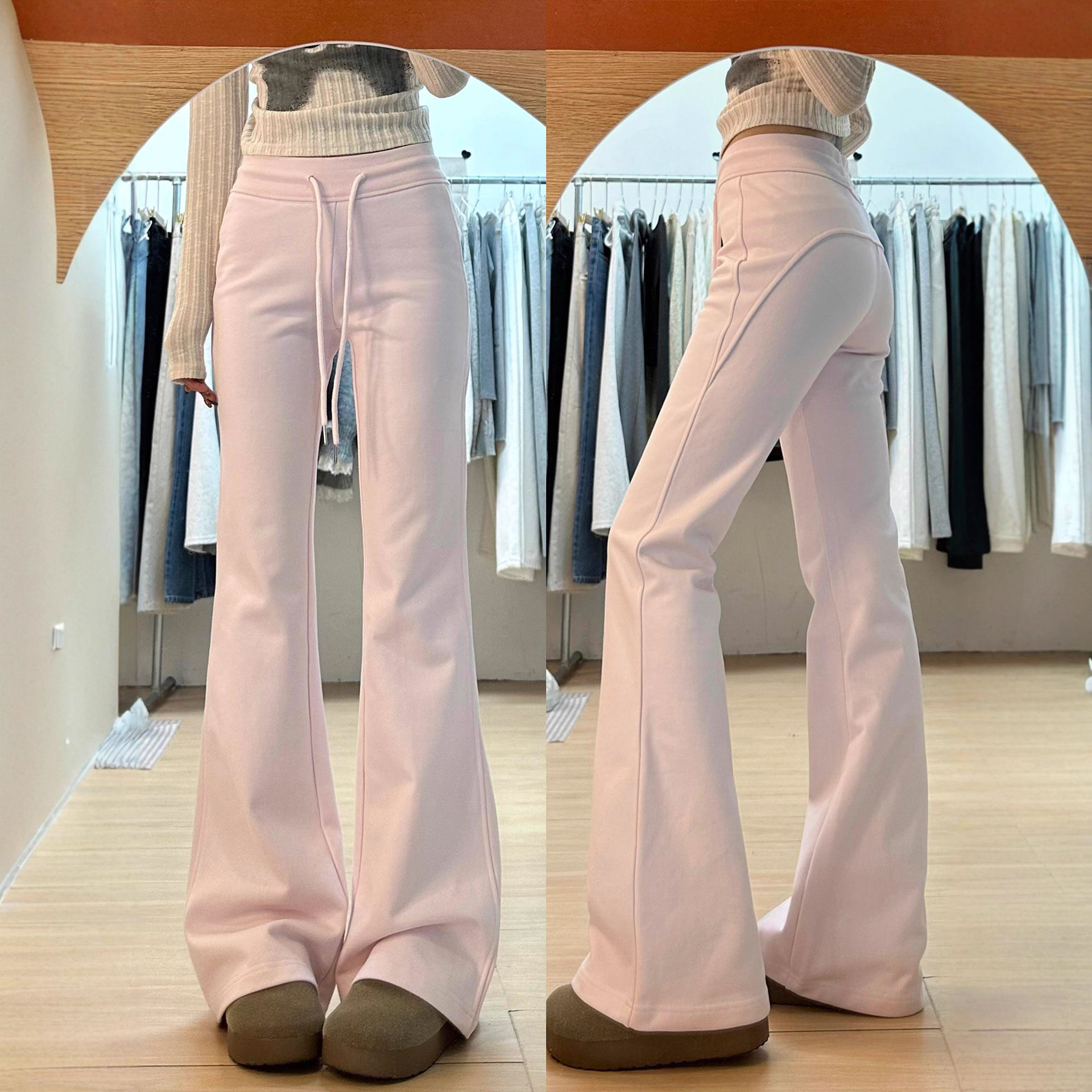 Pink Flared Sports Pants for Women, High-Wais