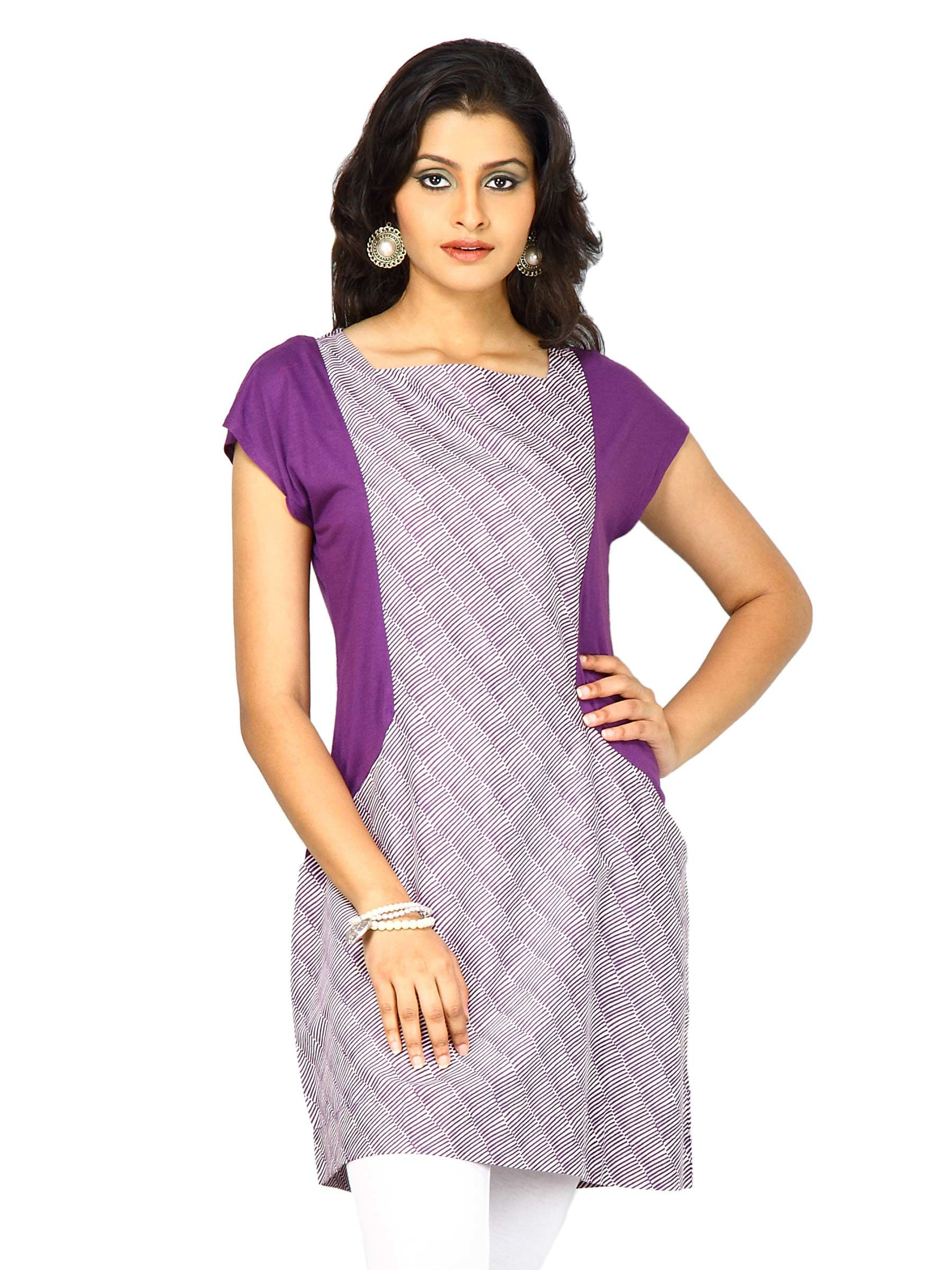 W Women Square Neck Short Sleeve Purple Tunic