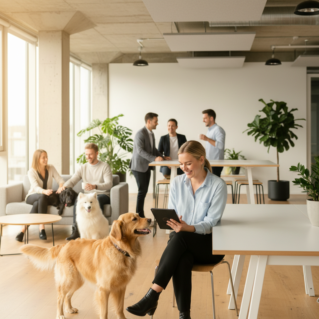 A sun drenched modern open plan office bathed in soft natural light In the foreground a golden retri