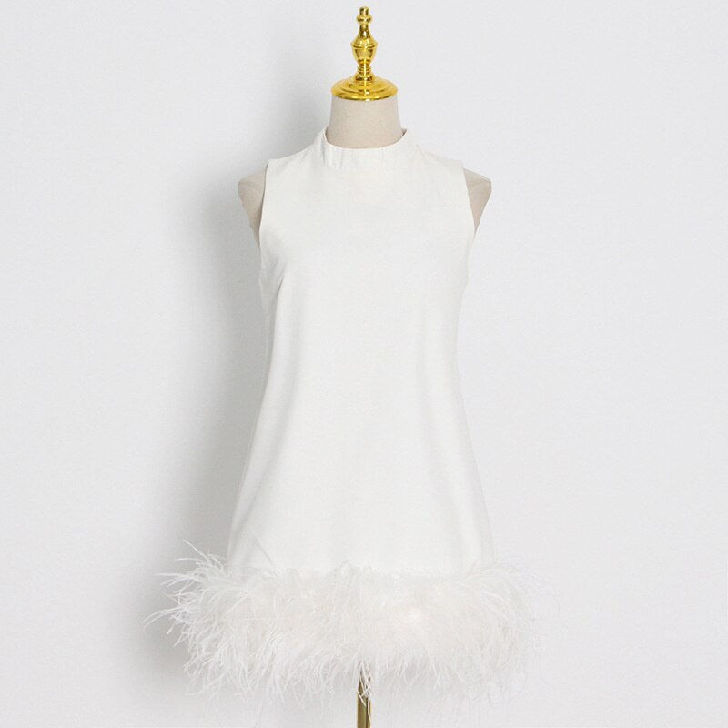 Thumbnail: Fashion Women's Dress New Round Neck Loose Sleeveless Solid Color Spliced Feathe