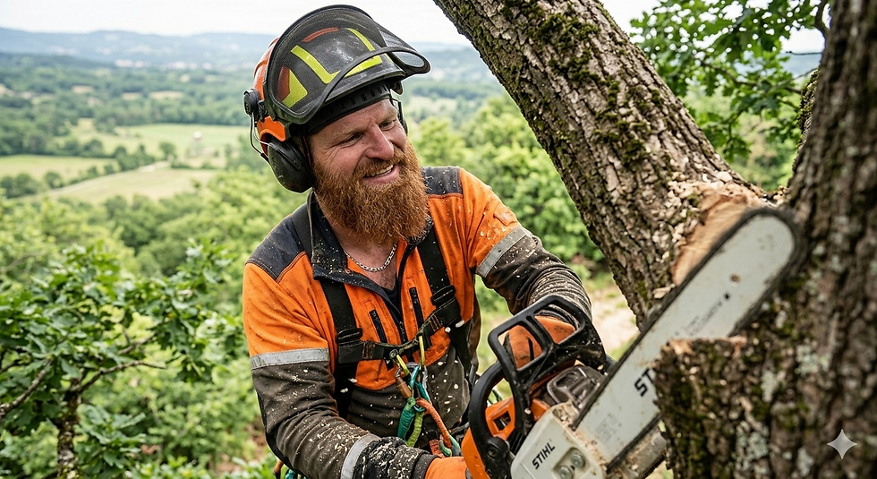 Élagueur souriant coupant branche d'arbre avec tronçonneuse.