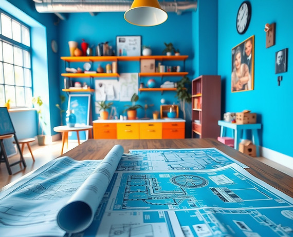 Blue coloured blueprints on a table in a quirky studio with bright colours