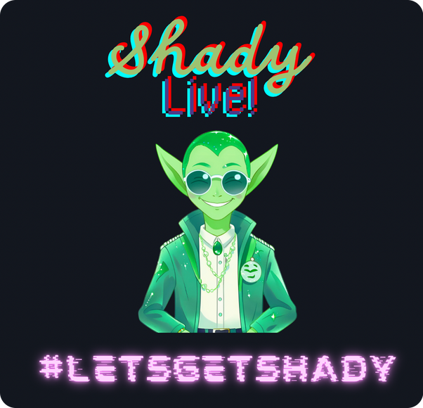 A cartoon picture of The Shady Alien featured in a promotional graphic for Shady Live.