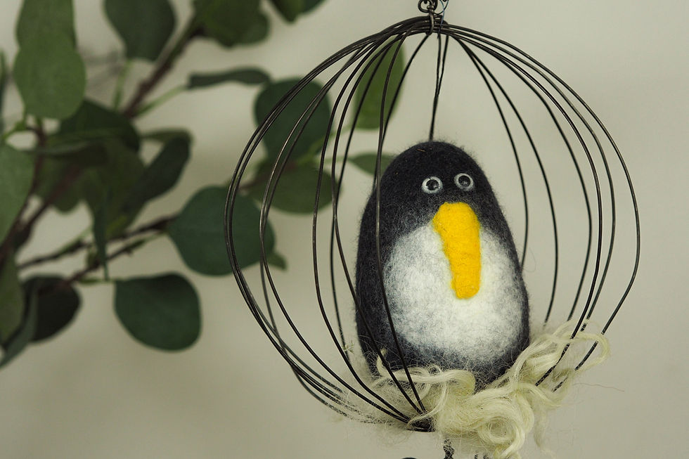 Miniature : Petit pingouin en laine feutrée dans sa cage - noir