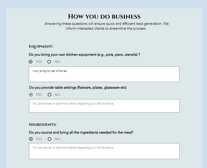 How you do business section in yourprivatechefs.com