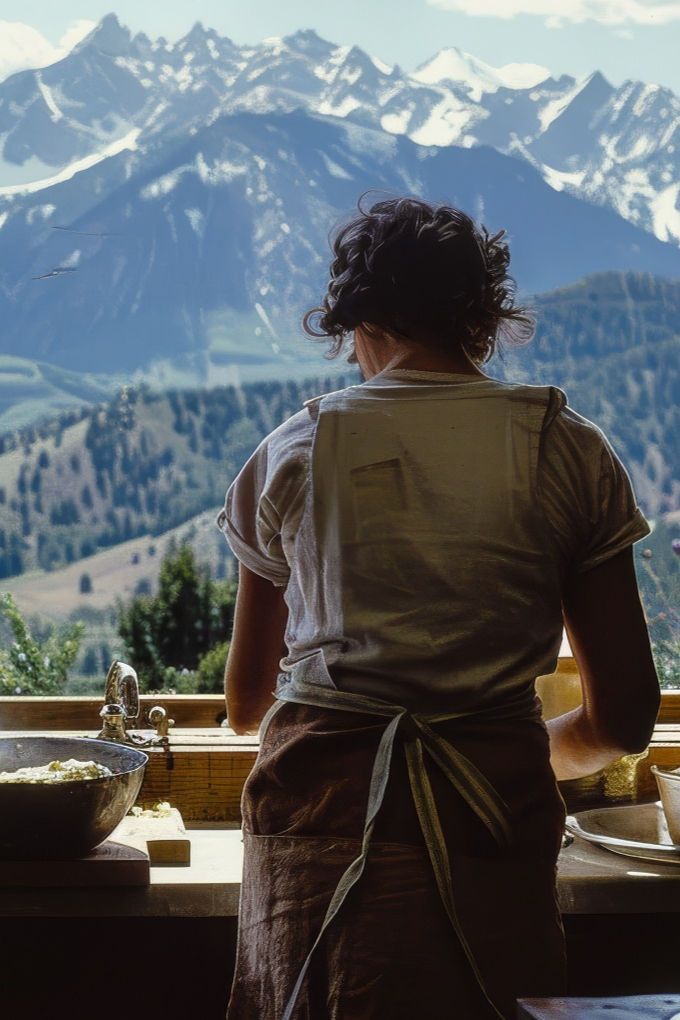 Chef cooking on the kitchen with a view of the mountain