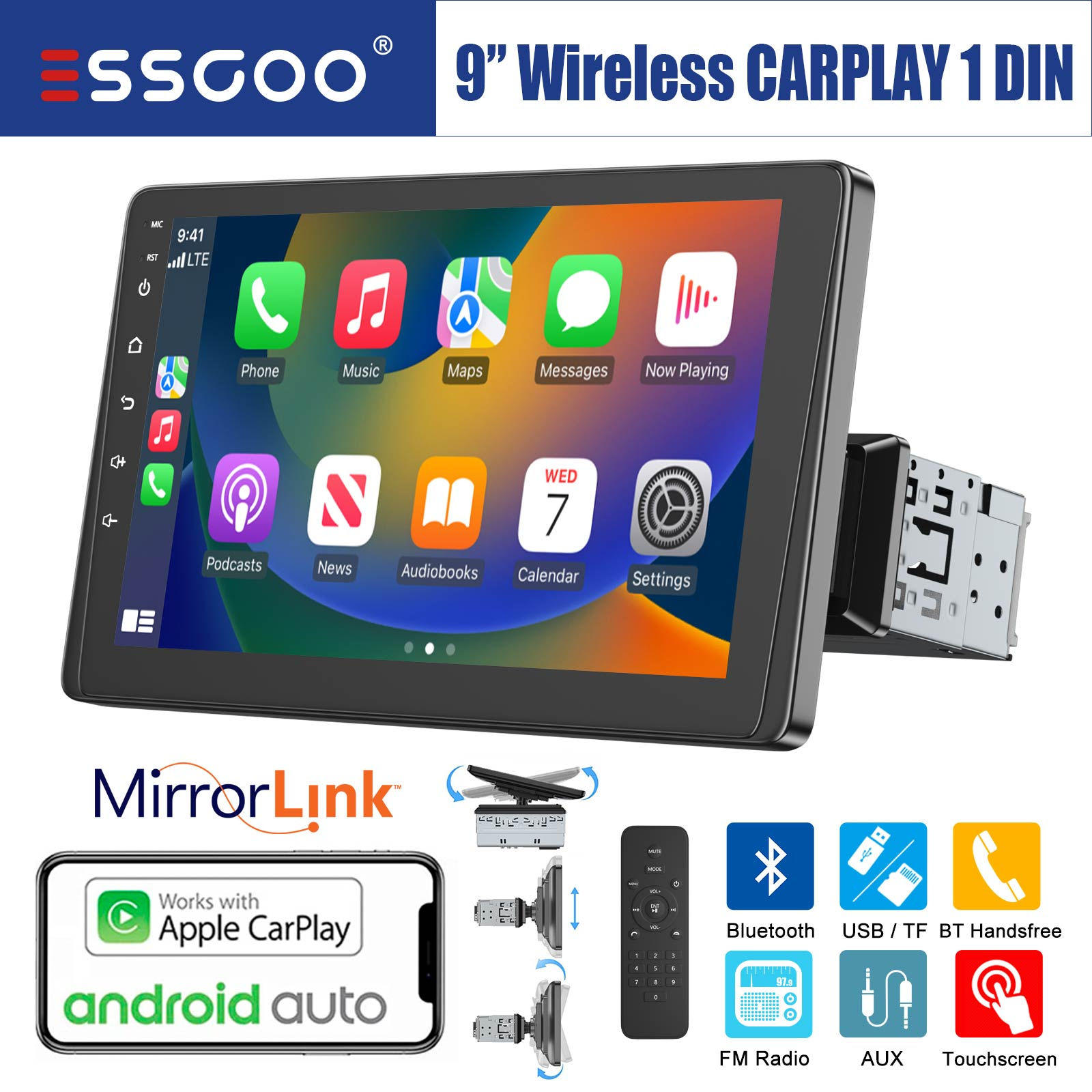 ESSGOO 9" HD Touchscreen Car Stereo – Wireless Apple CarPlay & Android Auto
