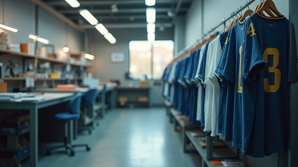 Eye-level view of a printing workshop with jerseys hanging and printing equipment