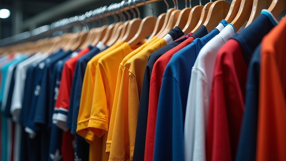 Eye-level view of a rack displaying colorful custom sports jerseys