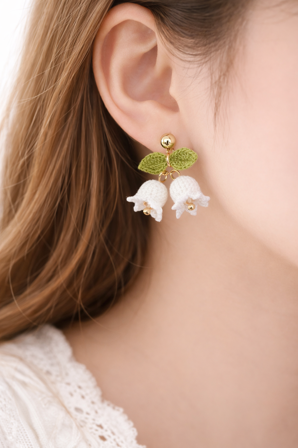 Thumbnail: Micro-crochet Stud Earrings - Lily of Valley