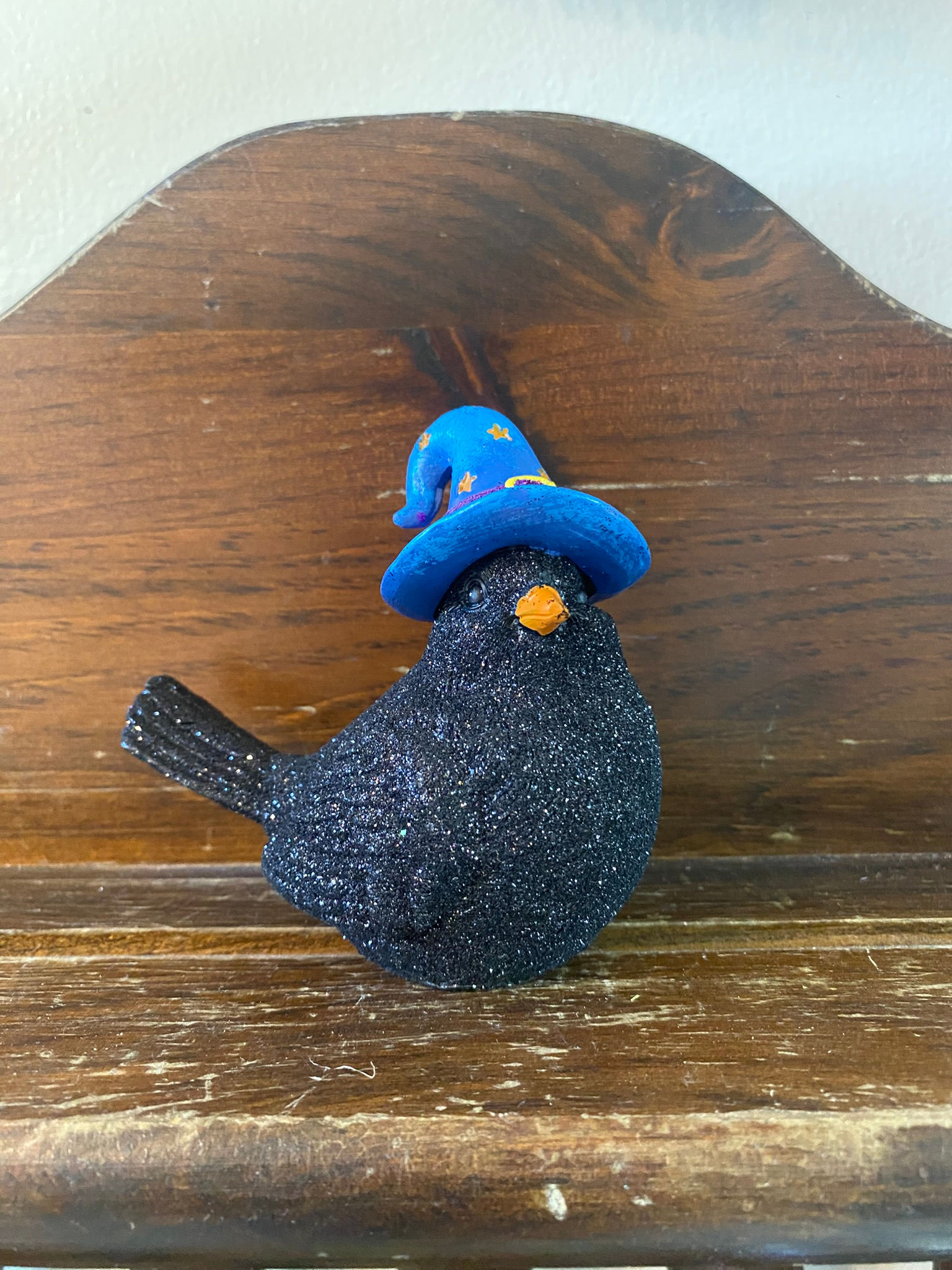 Glittery Halloween Crow with Blue Hat