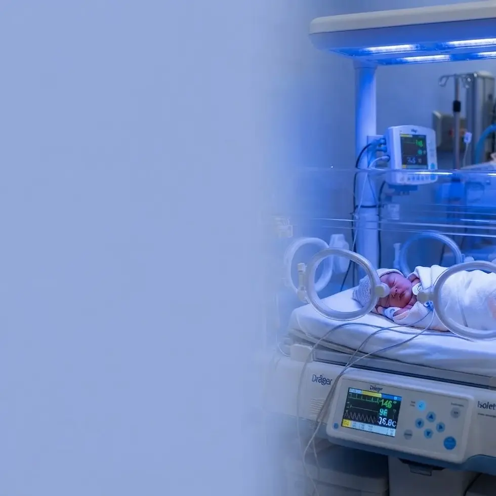 Studio photography, a newborn baby lying in a neonatal incubator at the hospital. The scene is bathed in a soft blue light, conveying a sense of specialized medical care.