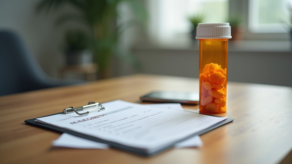 Close-up view of a medication bottle and a prescription pad on a wooden table